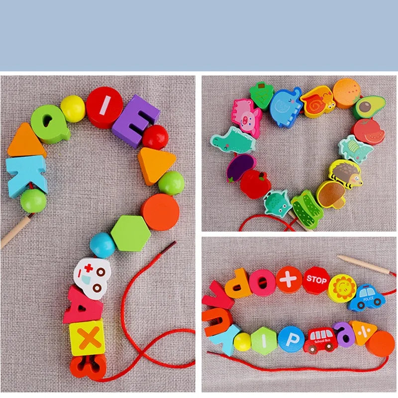 Montessori Colourful Wooden Threading Shapes
