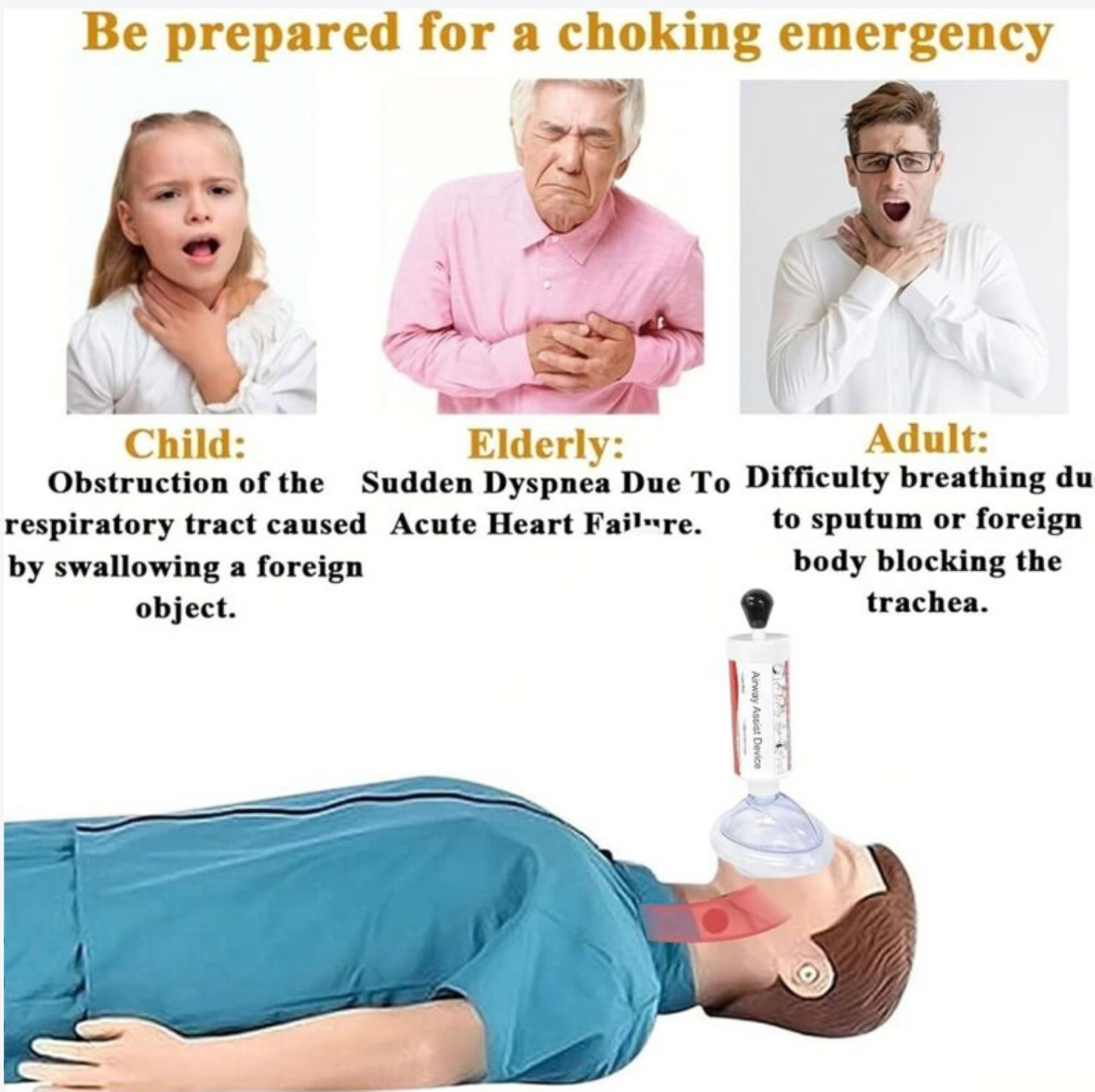 Choking Rescue Device, Portable Airway Suction Device, Professional Choking First Aid Device, with Storage Bag, Black