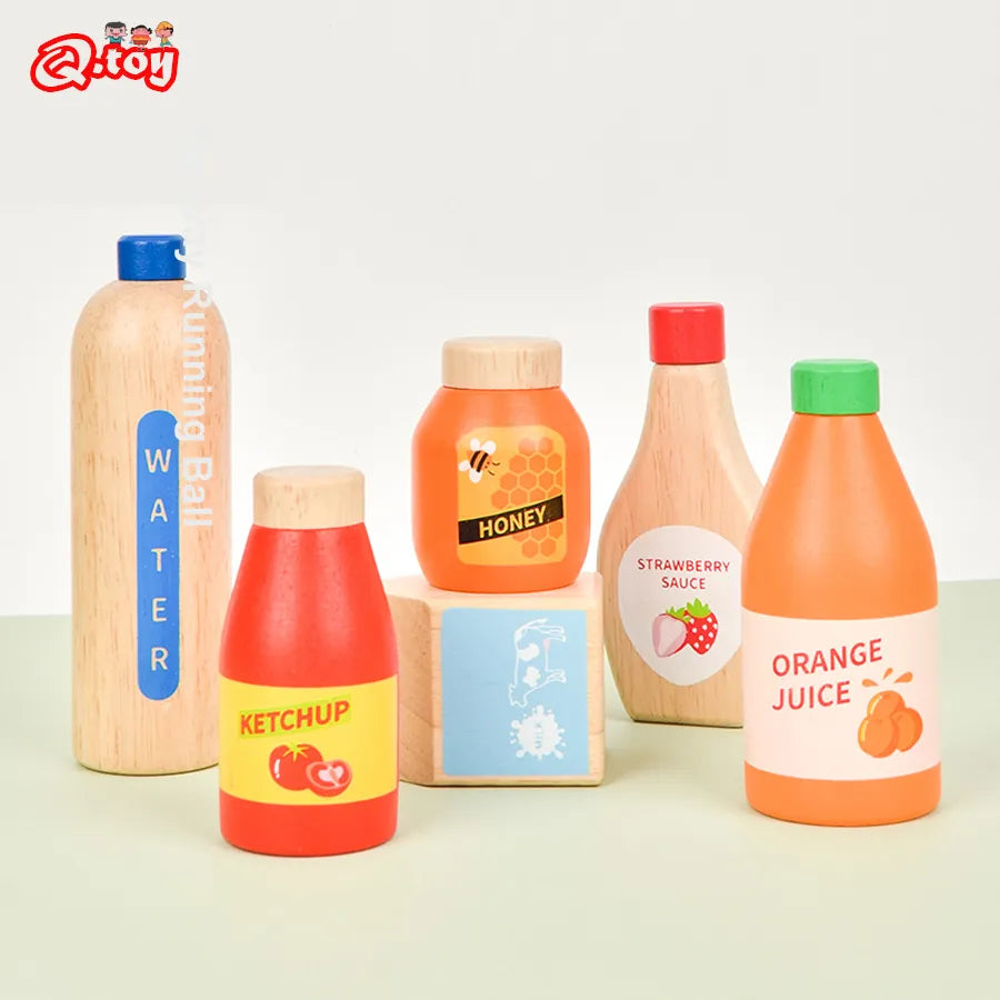 Pretend Play Wooden Drink and Food Set, Montessori Educational Kitchen
