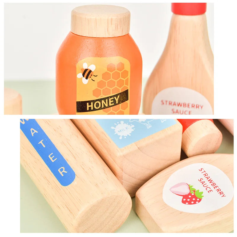 Pretend Play Wooden Drink and Food Set, Montessori Educational Kitchen