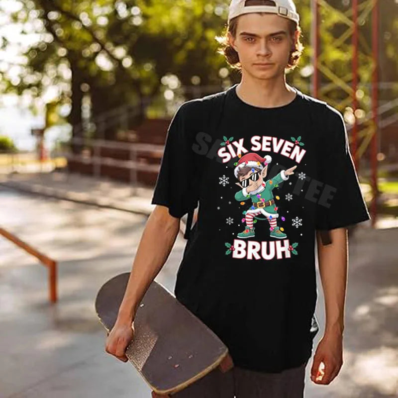 Dabbing Elf Six Seven Bruh Christmas 67 Meme Xmas Boys Fashion T-Shirt Novelty Gift Y2k Graphic Holiday Clothes Saying Tee Tops