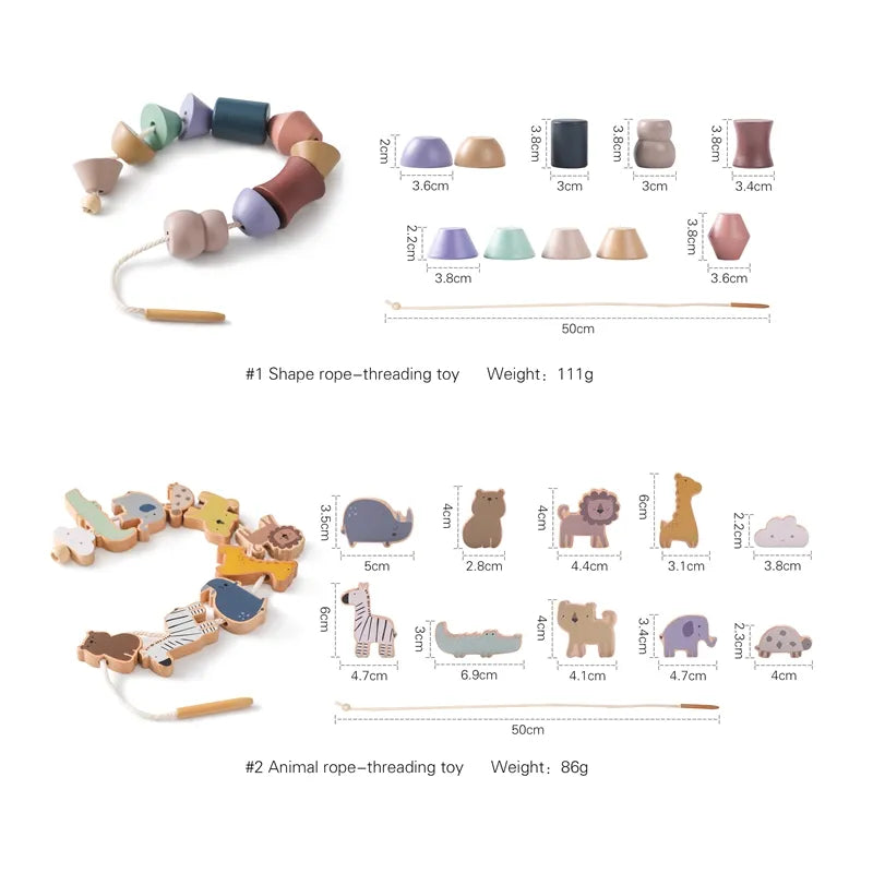 Wooden  Baby Animal Threading and Stacking, Stringing, Threading Beads