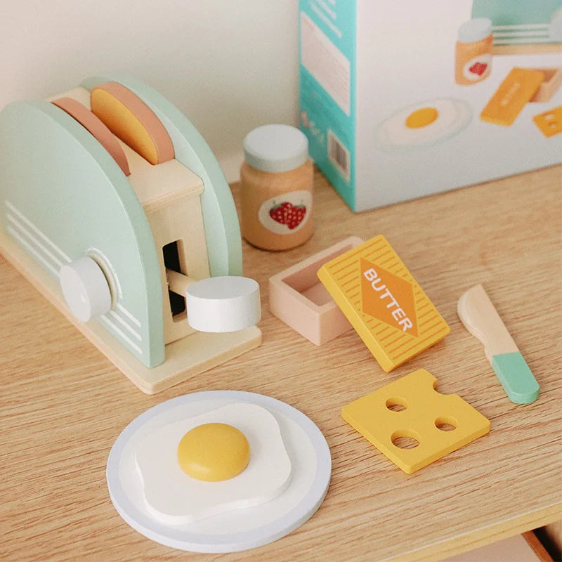 Wooden Kitchen - Pop-Up Toaster, 9Pcs Play Set, Pretend Play Food