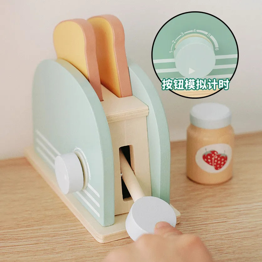 Wooden Kitchen - Pop-Up Toaster, 9Pcs Play Set, Pretend Play Food