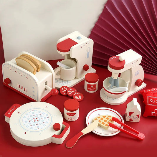 Wooden Kitchen Cooking Kitchen Toy Toaster Coffee Mixer Waffle Maker Montessori Learning