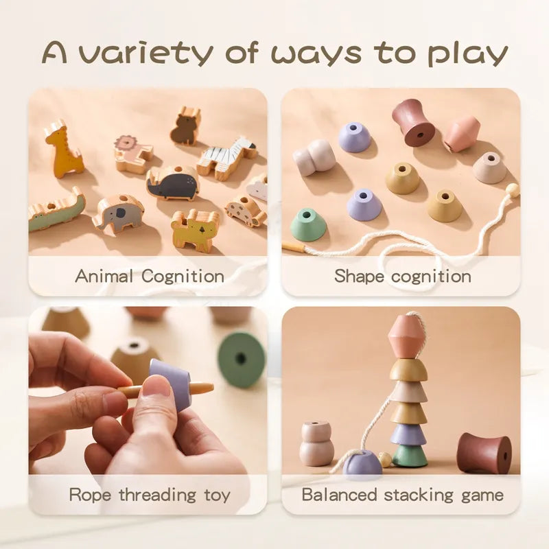 Wooden  Baby Animal Threading and Stacking, Stringing, Threading Beads