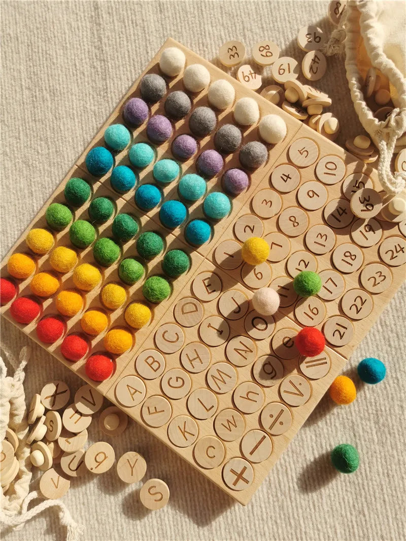 Creative Play Montessori Sensory Wooden Toys, Calculate  Semi Tray 100  Board  with Felt Balls,  Alphabets Numbers.
