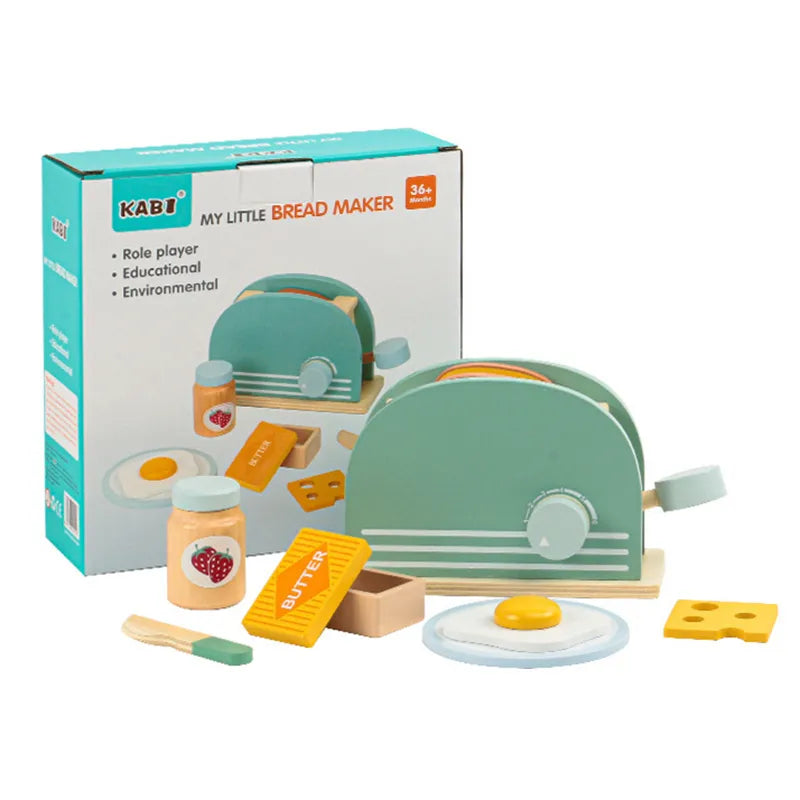 Wooden Kitchen - Pop-Up Toaster, 9Pcs Play Set, Pretend Play Food