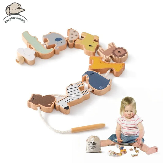 Wooden  Baby Animal Threading and Stacking, Stringing, Threading Beads
