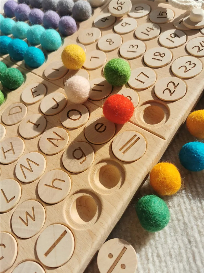 Creative Play Montessori Sensory Wooden Toys, Calculate  Semi Tray 100  Board  with Felt Balls,  Alphabets Numbers.